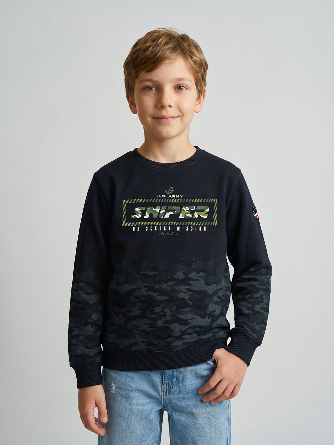 Boys Navy Blue Printed Round Neck Full Sleeve Sweatshirt
