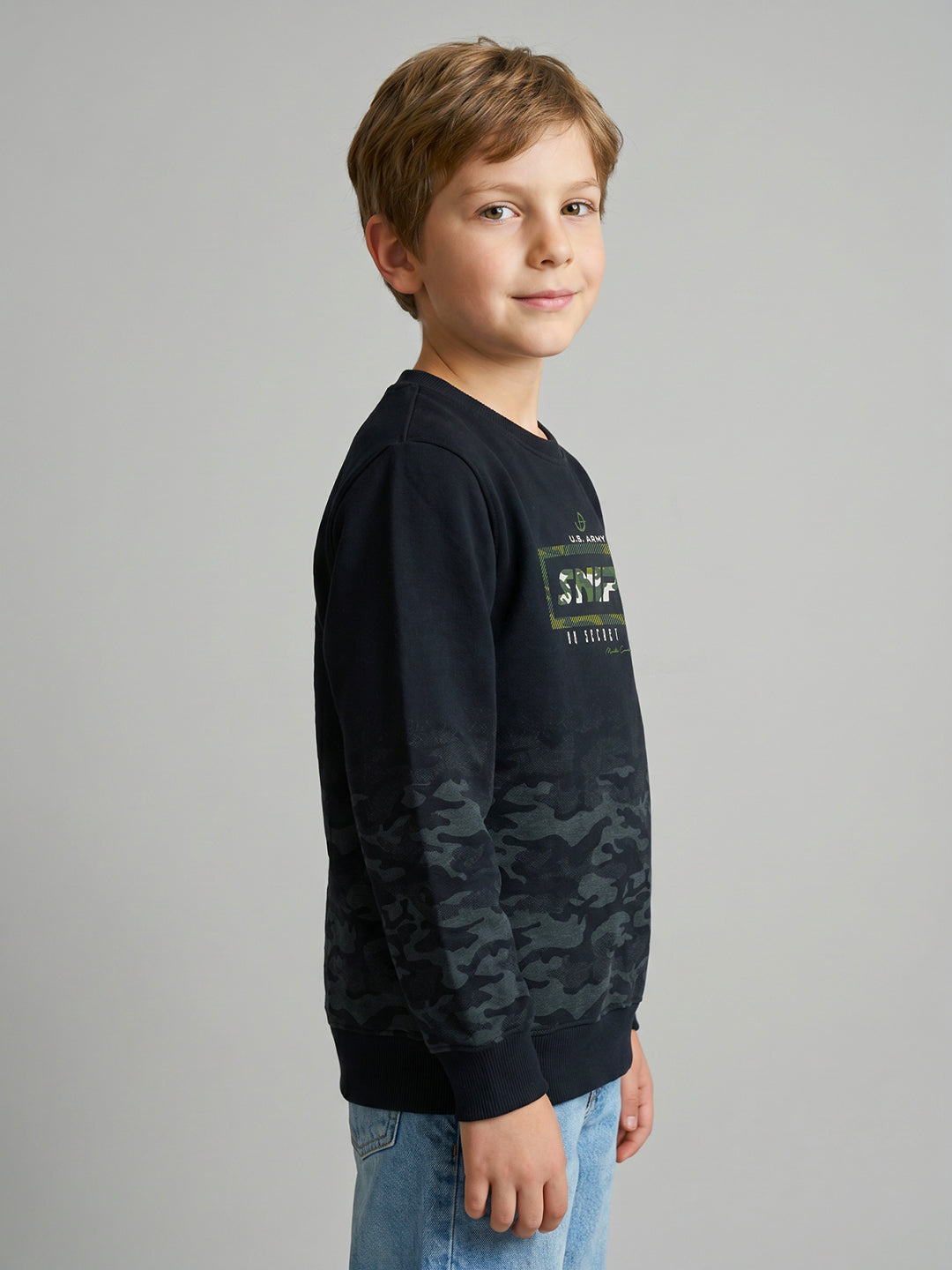 Boys Navy Blue Printed Round Neck Full Sleeve Sweatshirt