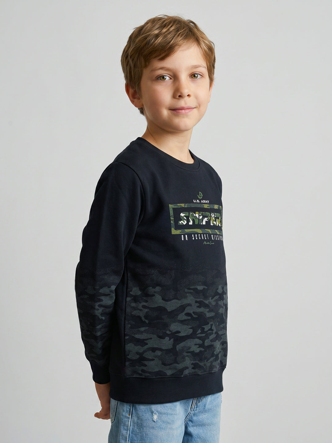 Boys Navy Blue Printed Round Neck Full Sleeve Sweatshirt