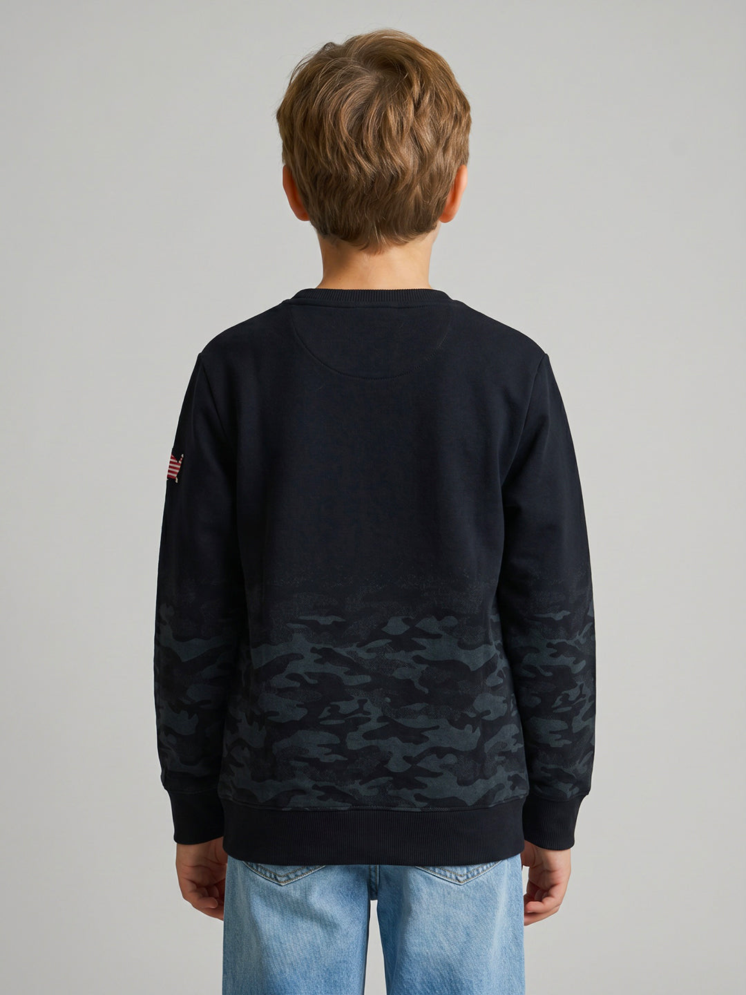 Boys Navy Blue Printed Round Neck Full Sleeve Sweatshirt