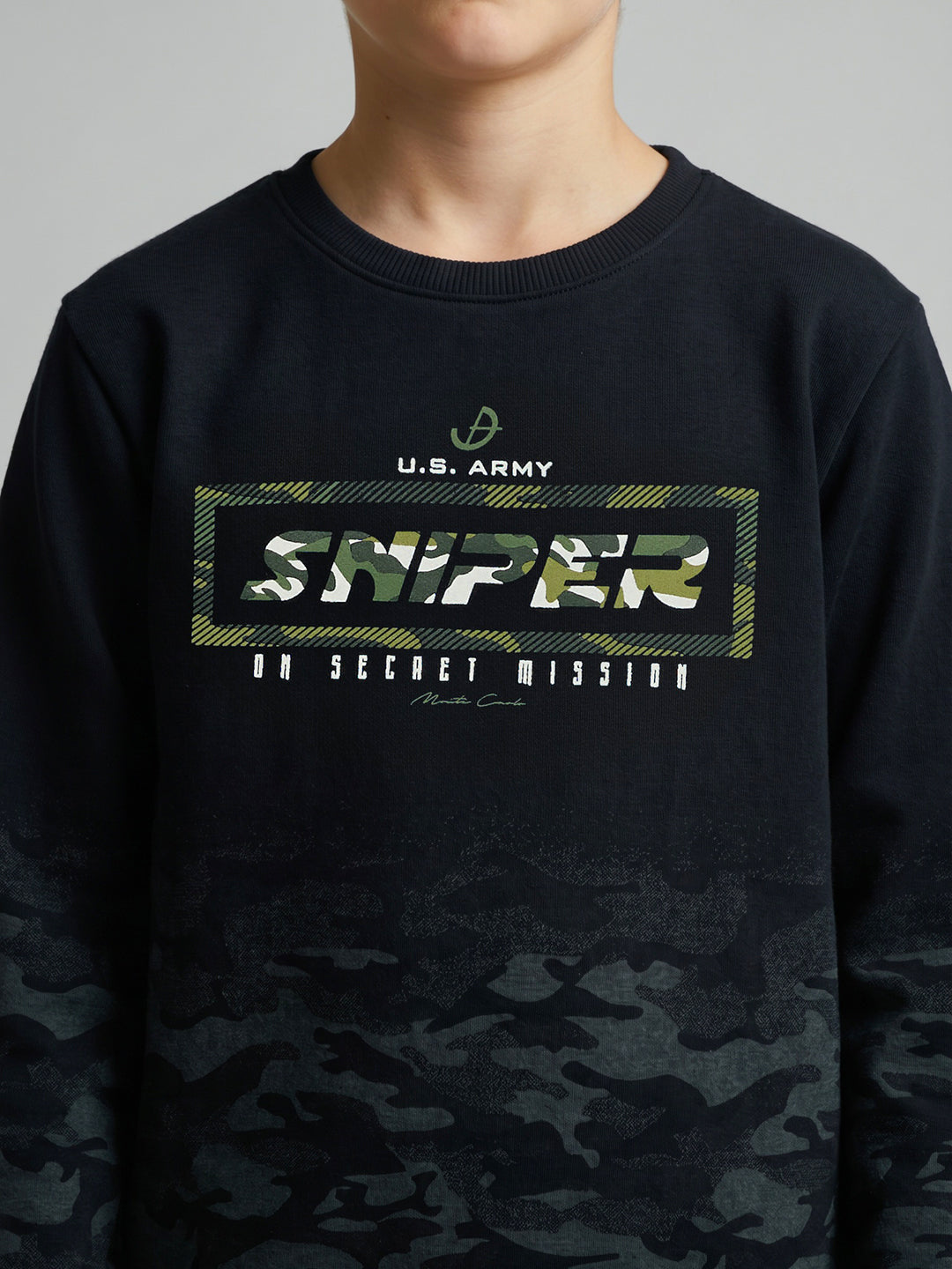 Boys Navy Blue Printed Round Neck Full Sleeve Sweatshirt