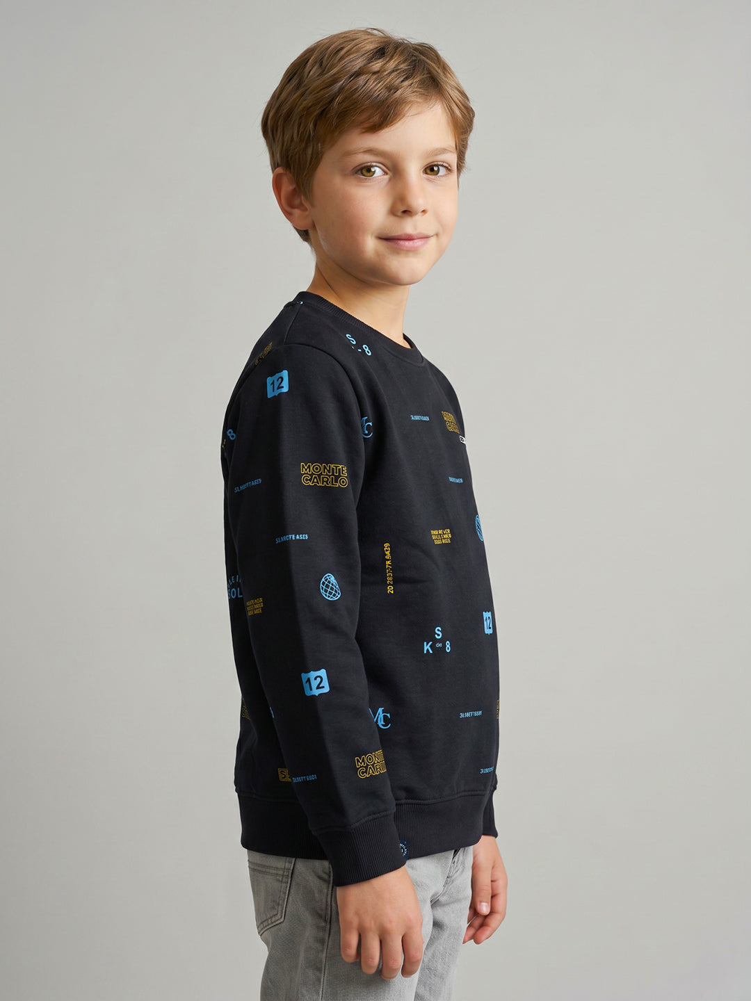 Boys Navy Blue Typography Print Round Neck Full Sleeve Sweatshirt