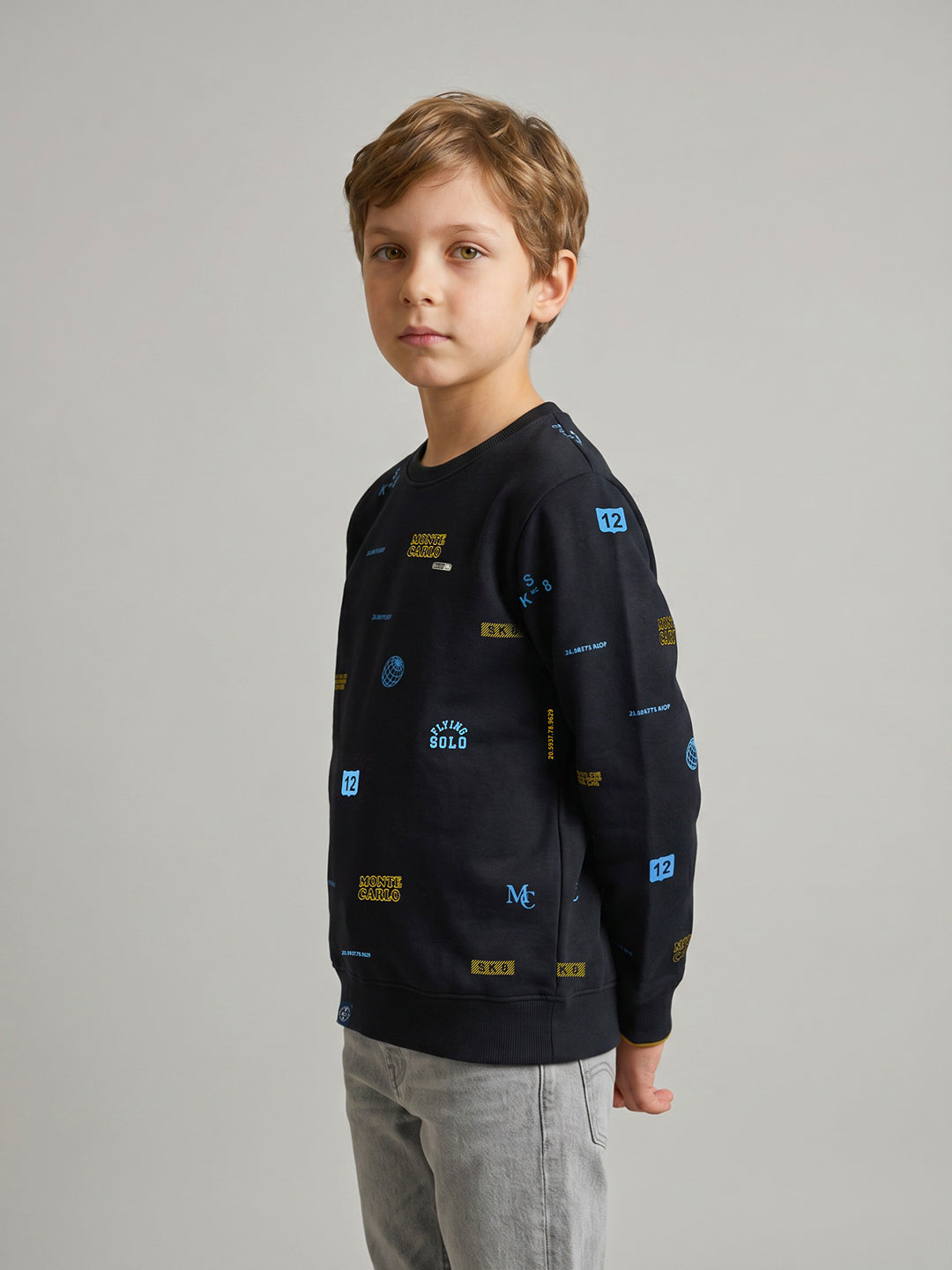 Boys Navy Blue Typography Print Round Neck Full Sleeve Sweatshirt