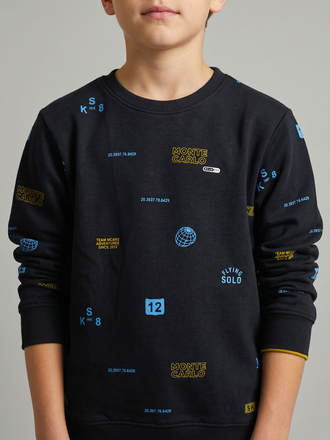 Boys Navy Blue Typography Print Round Neck Full Sleeve Sweatshirt