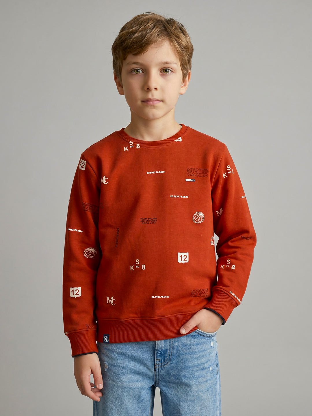 Boys Rust Typography Print Round Neck Full Sleeve Sweatshirt