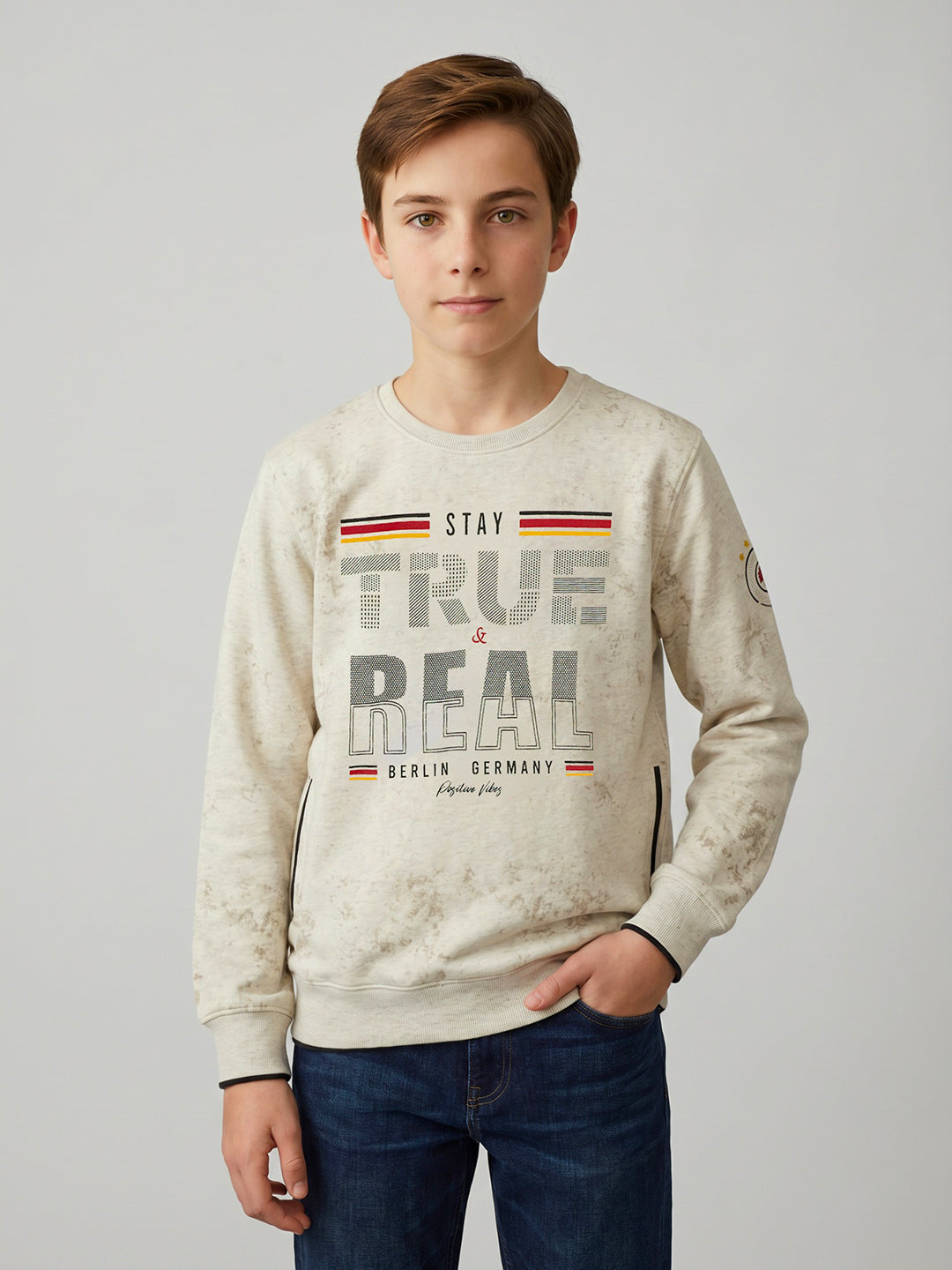 Boys Beige Printed Round Neck Full Sleeve Sweatshirt