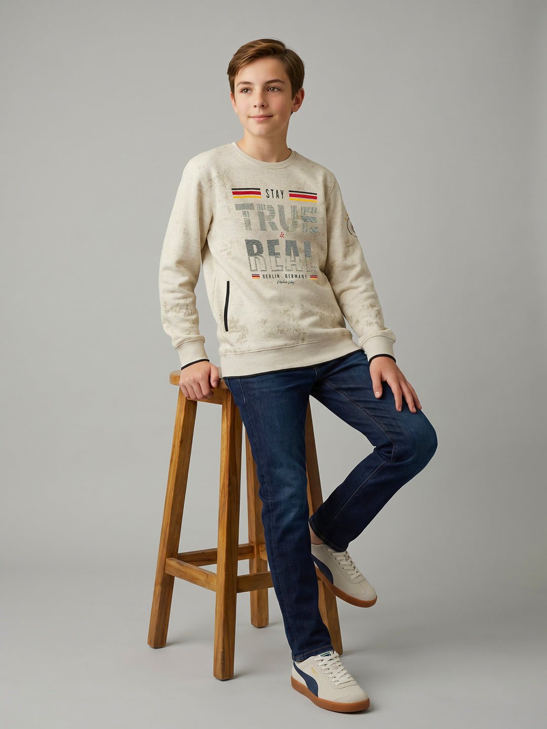 Boys Beige Printed Round Neck Full Sleeve Sweatshirt