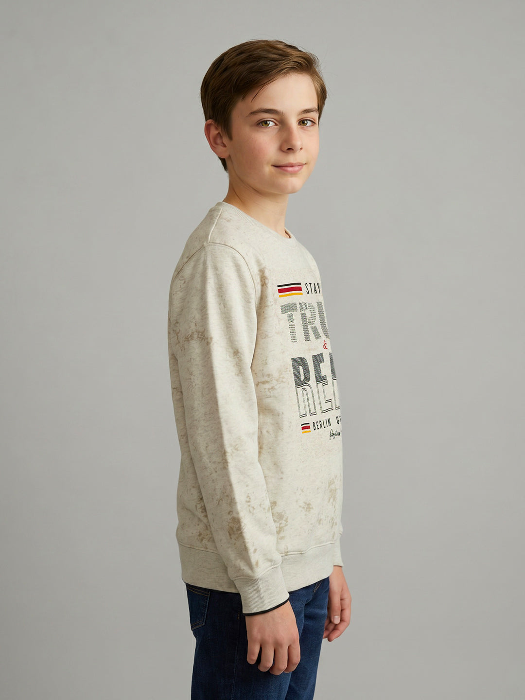 Boys Beige Printed Round Neck Full Sleeve Sweatshirt