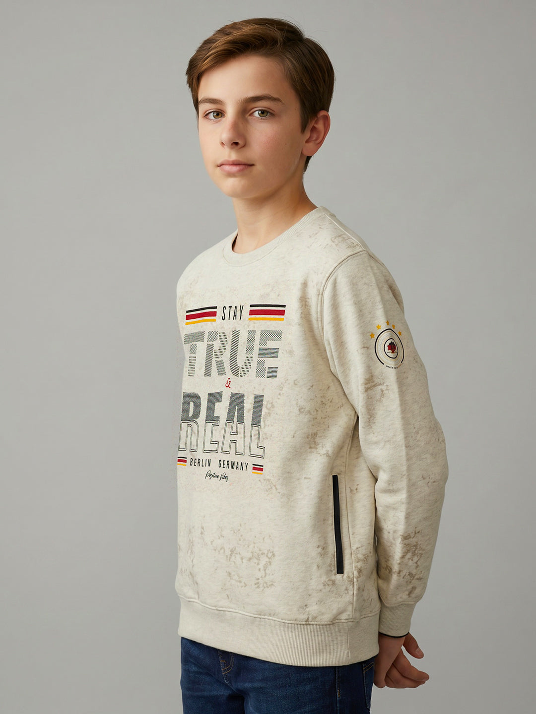 Boys Beige Printed Round Neck Full Sleeve Sweatshirt