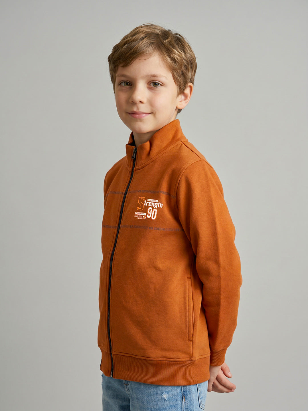 Boys Rust Printed Turtle Neck Full Sleeve Sweatshirt