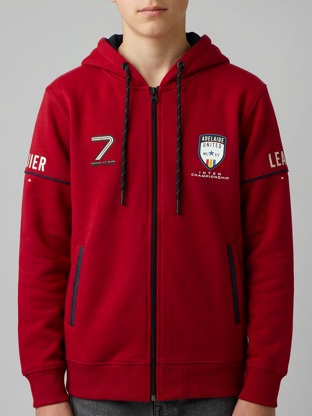 Boys Red Printed Collar Full Sleeve Sweatshirt