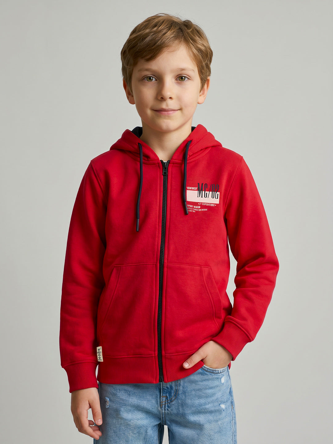 Boys Red Printed Collar Full Sleeve Sweatshirt