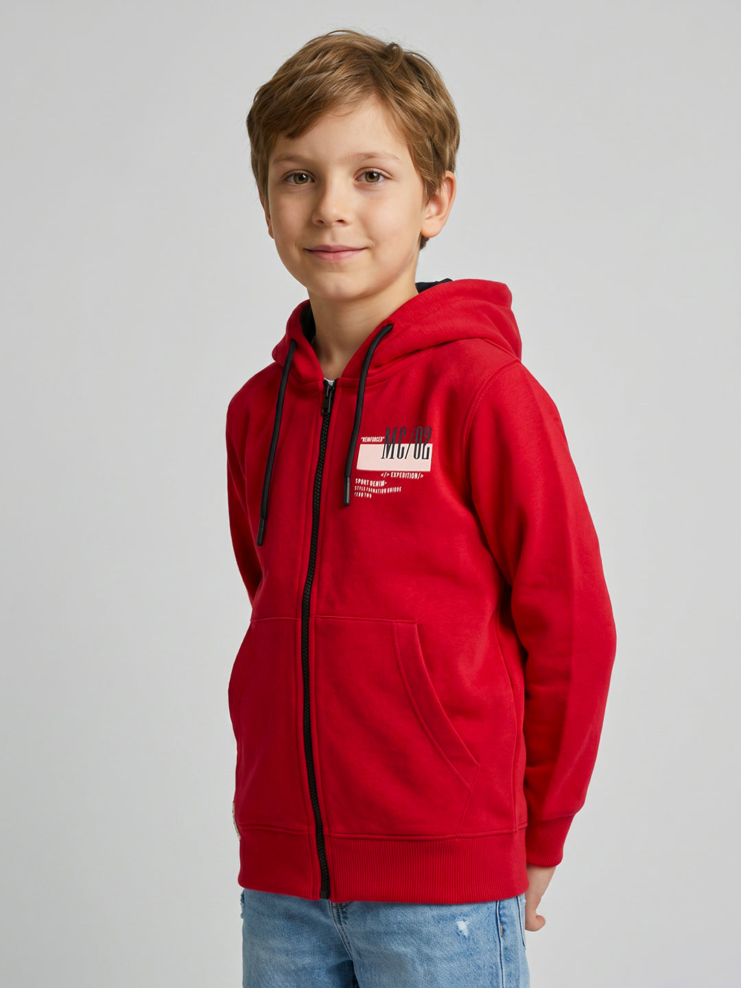 Boys Red Printed Collar Full Sleeve Sweatshirt