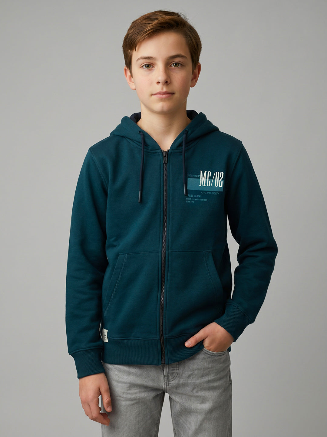 Boys Teal Blue Printed Collar Full Sleeve Sweatshirt