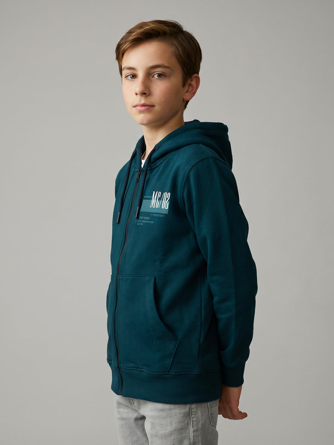 Boys Teal Blue Printed Collar Full Sleeve Sweatshirt
