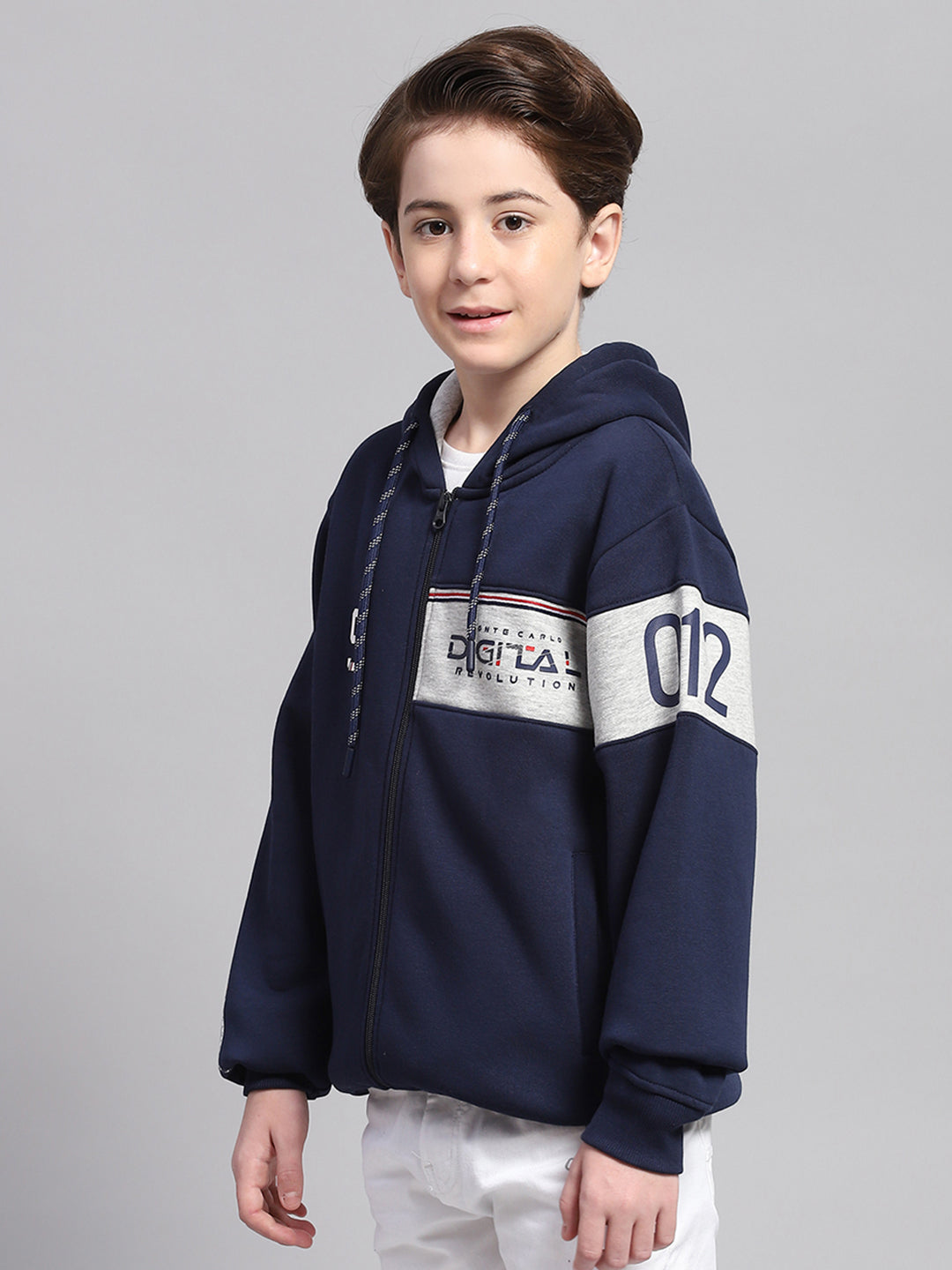 Boys Navy Blue Printed Hooded Full Sleeve Sweatshirt
