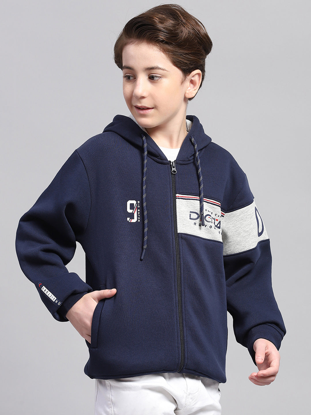 Boys Navy Blue Printed Hooded Full Sleeve Sweatshirt