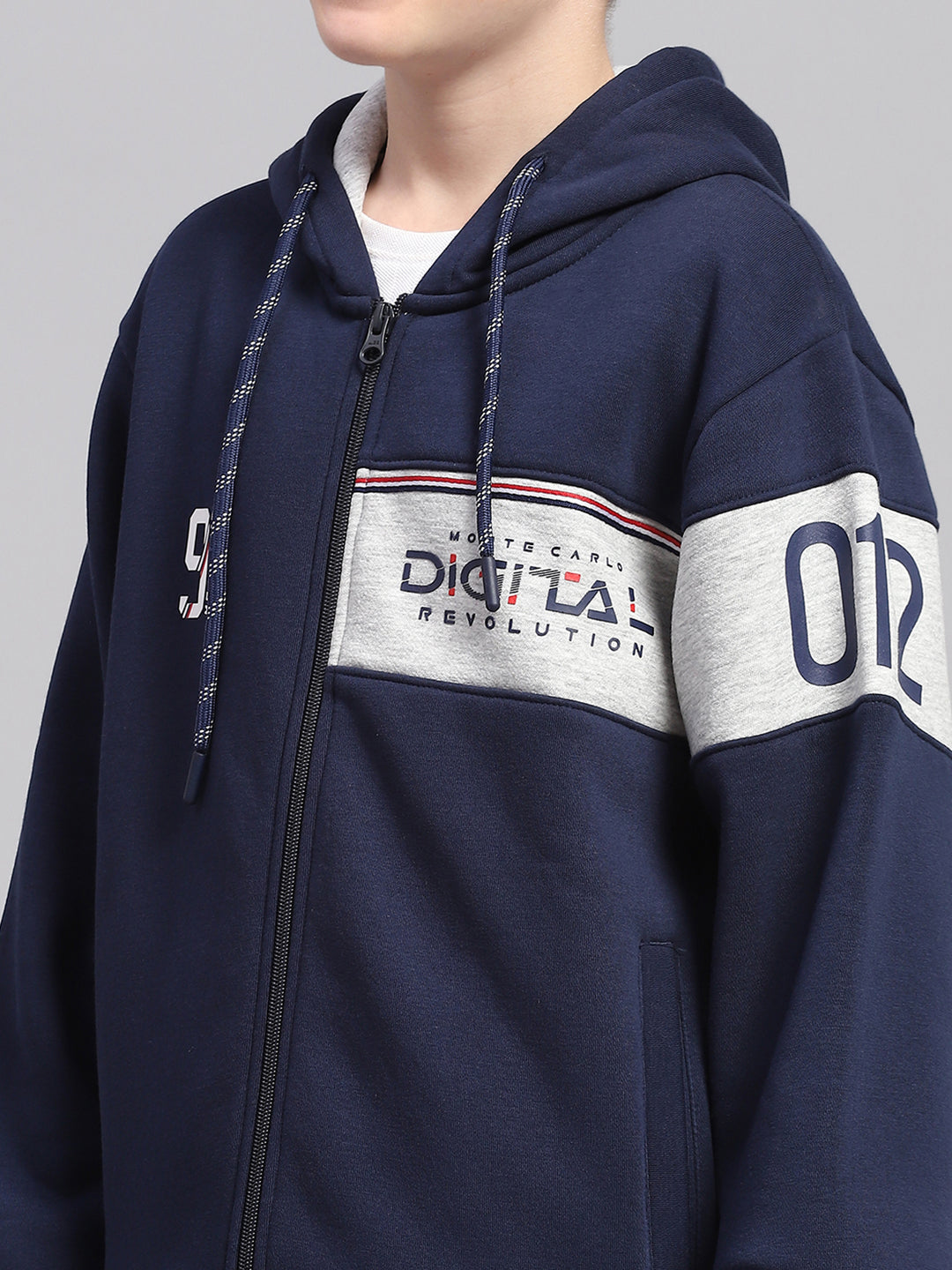 Boys Navy Blue Printed Hooded Full Sleeve Sweatshirt