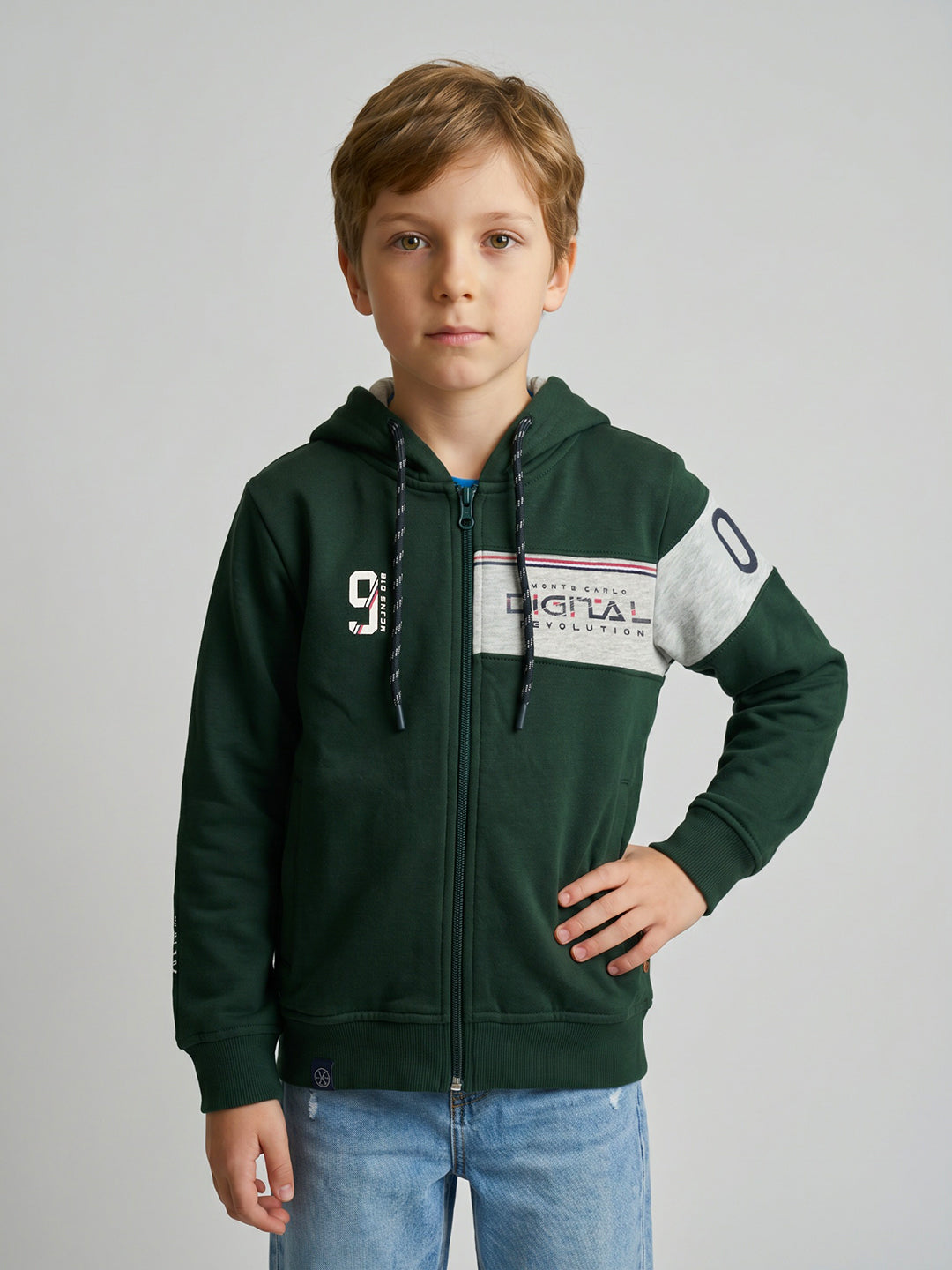 Boys Bottle Green Printed Hooded Full Sleeve Sweatshirt