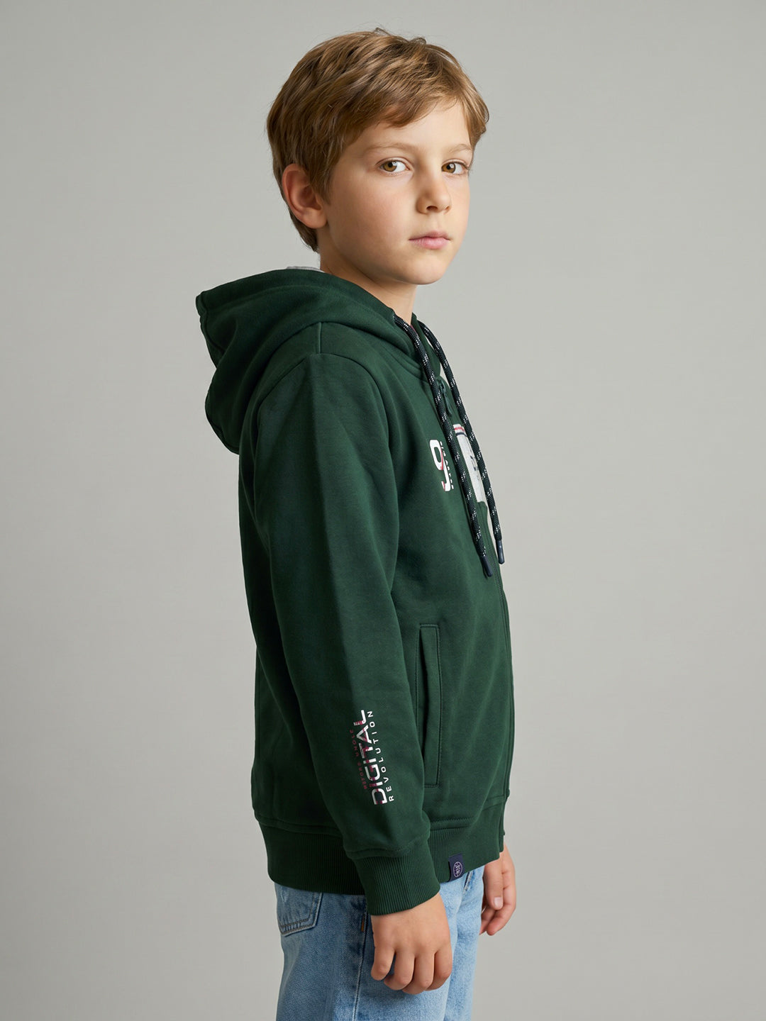 Boys Bottle Green Printed Hooded Full Sleeve Sweatshirt
