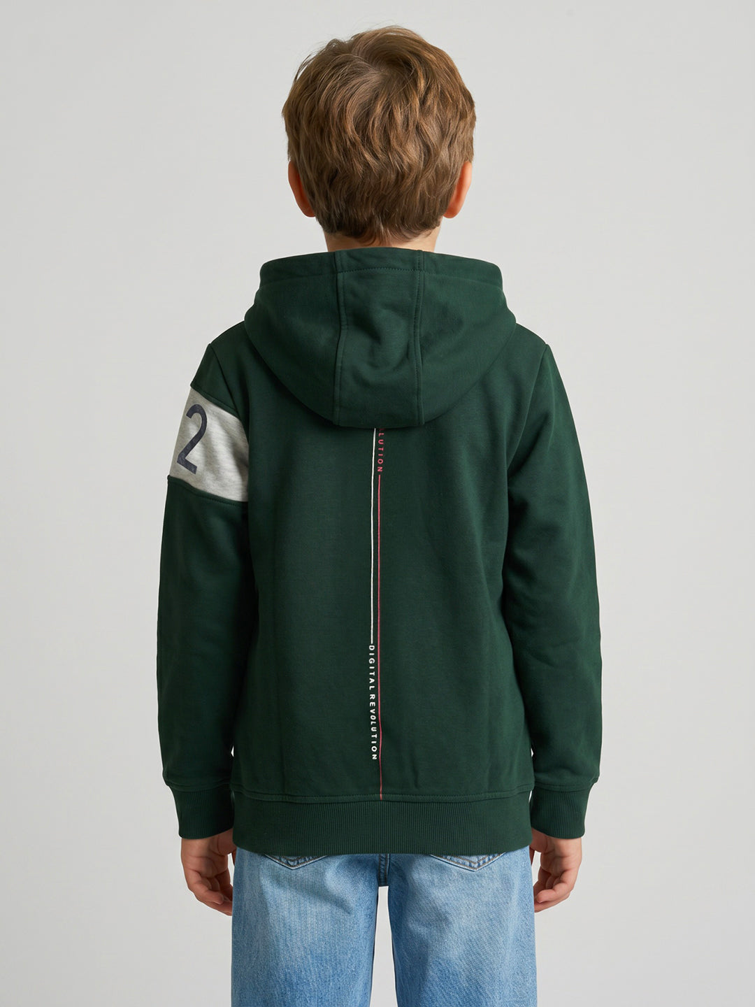 Boys Bottle Green Printed Hooded Full Sleeve Sweatshirt