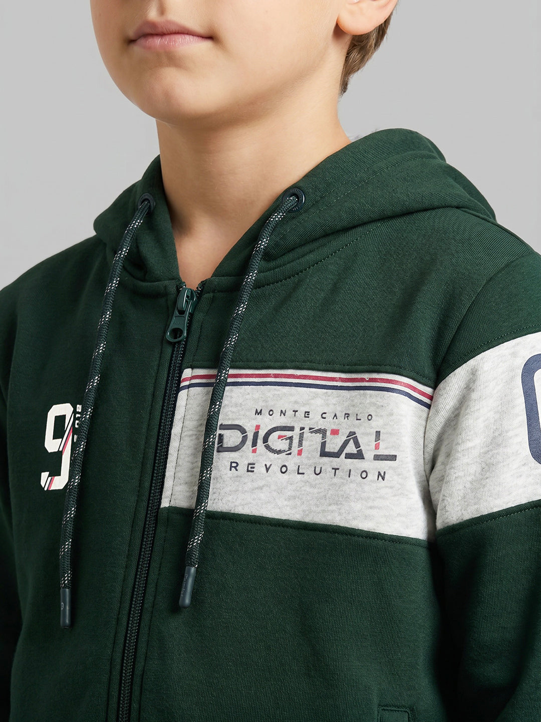 Boys Bottle Green Printed Hooded Full Sleeve Sweatshirt