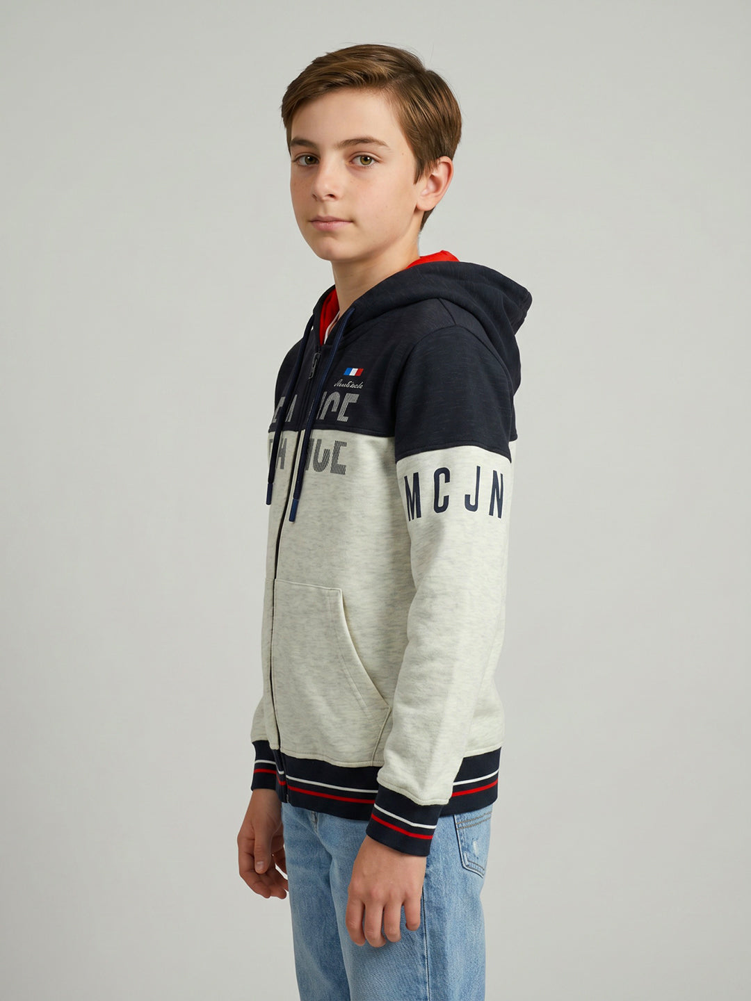 Boys Maroon & Grey Printed Collar Full Sleeve Sweatshirt
