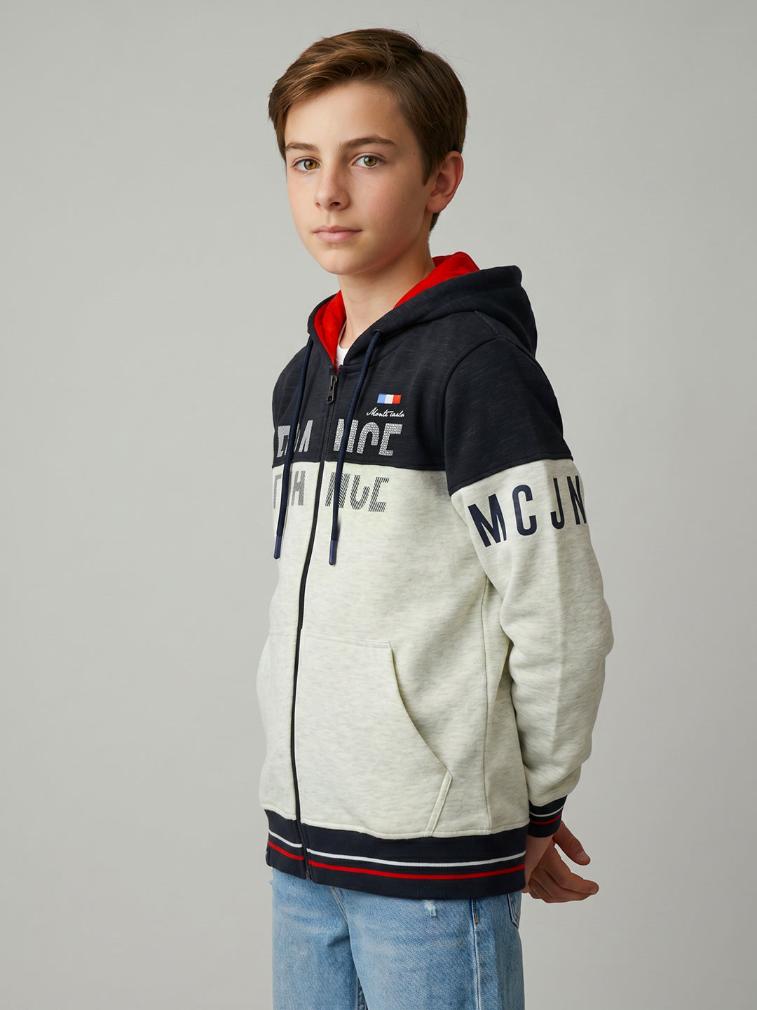 Boys Maroon & Grey Printed Collar Full Sleeve Sweatshirt