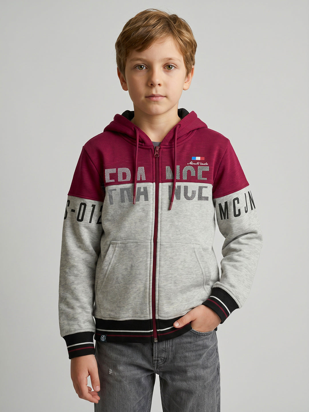 Boys Maroon & Grey Printed Collar Full Sleeve Sweatshirt