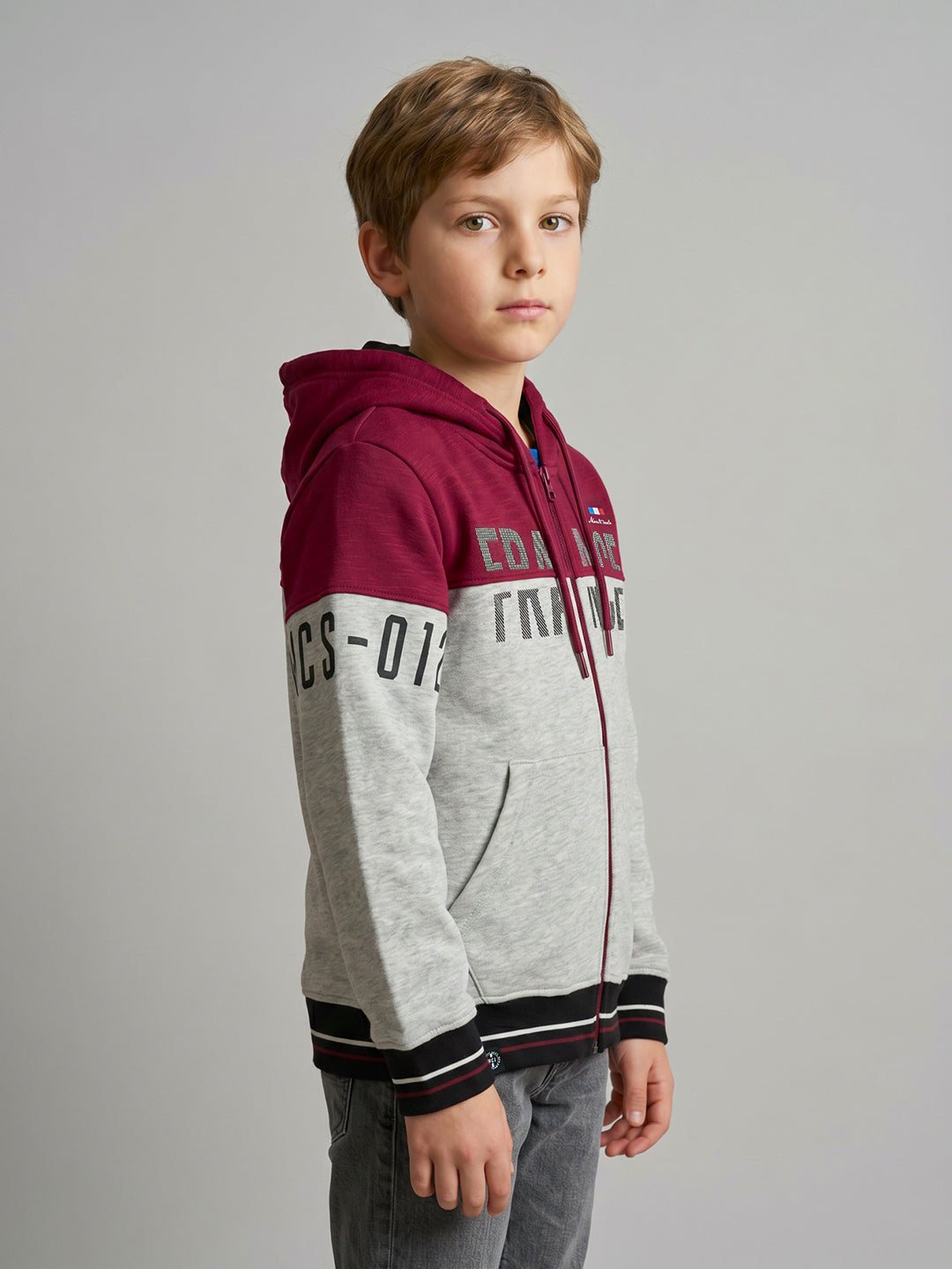 Boys Maroon & Grey Printed Collar Full Sleeve Sweatshirt