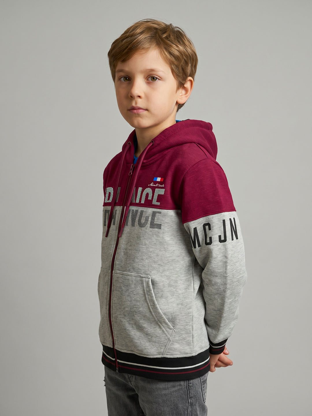 Boys Maroon & Grey Printed Collar Full Sleeve Sweatshirt
