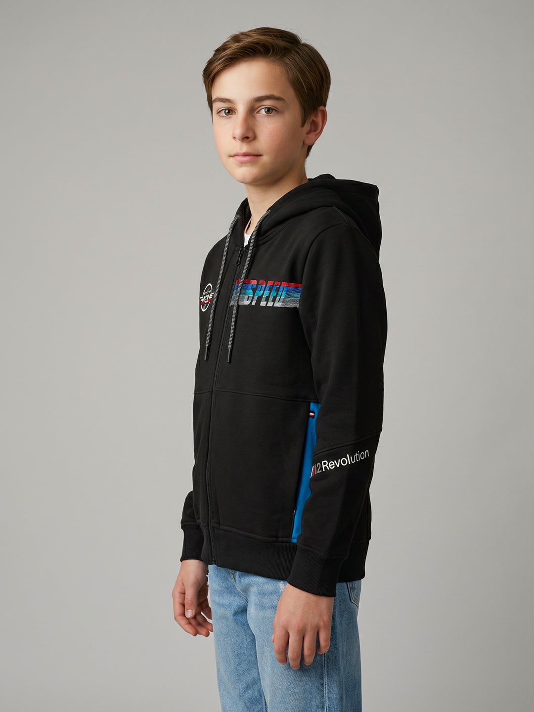 Boys Black Printed Hooded Full Sleeve Sweatshirt