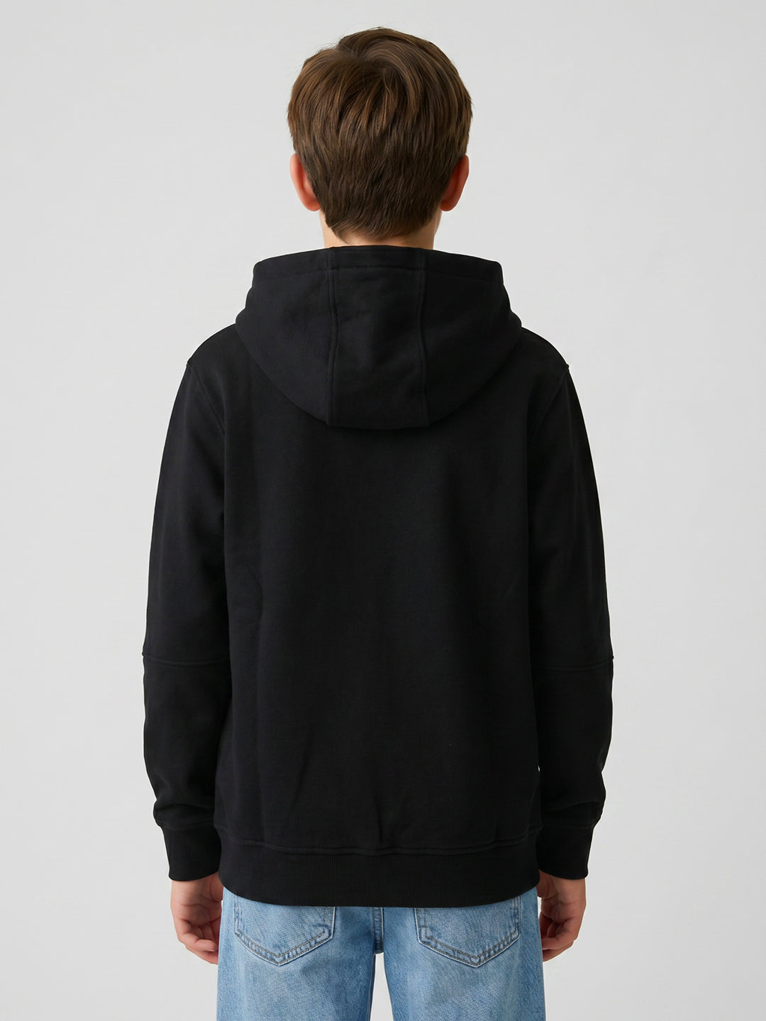 Boys Black Printed Hooded Full Sleeve Sweatshirt
