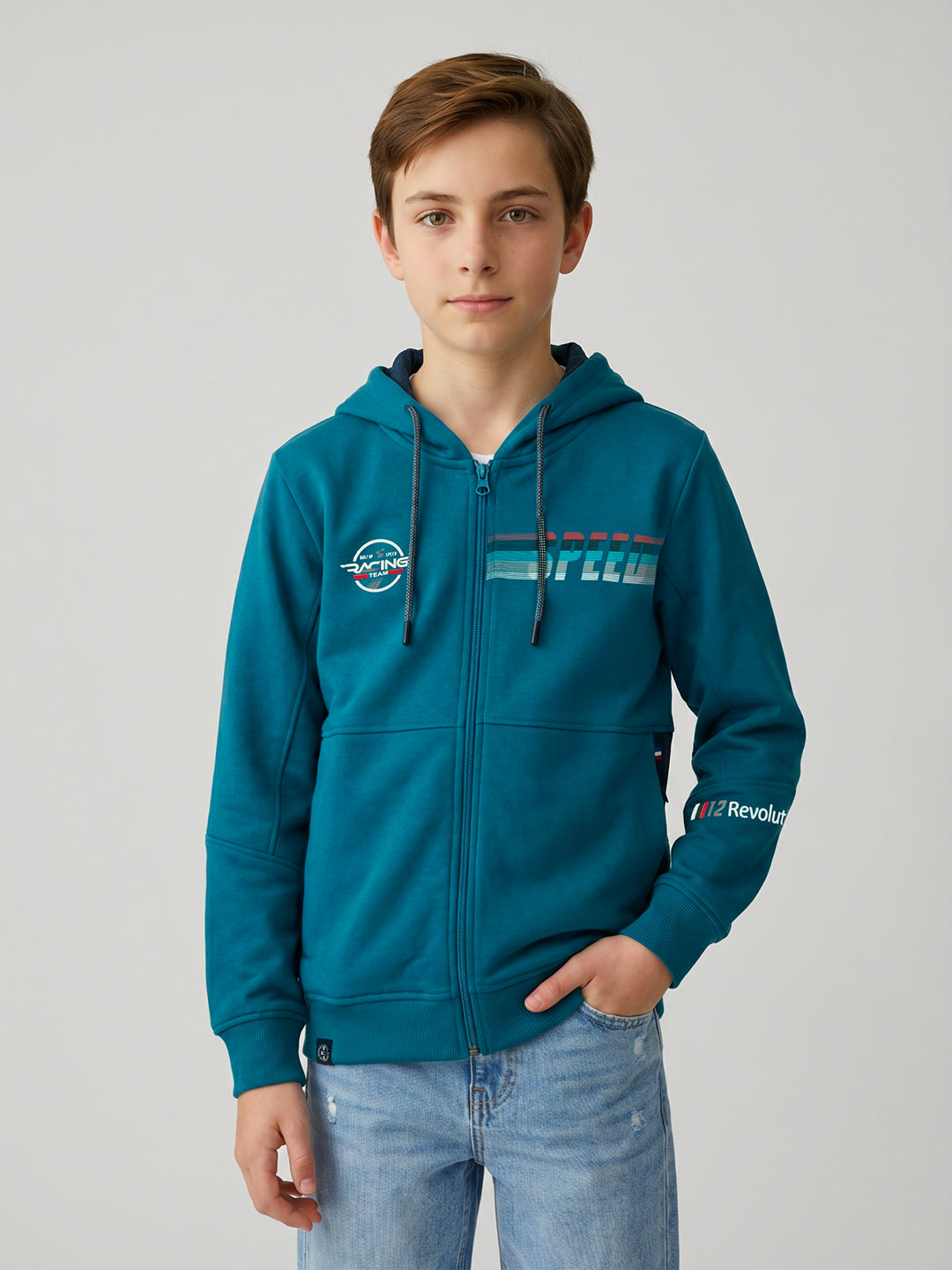 Boys Royal Blue Printed Hooded Full Sleeve Sweatshirt