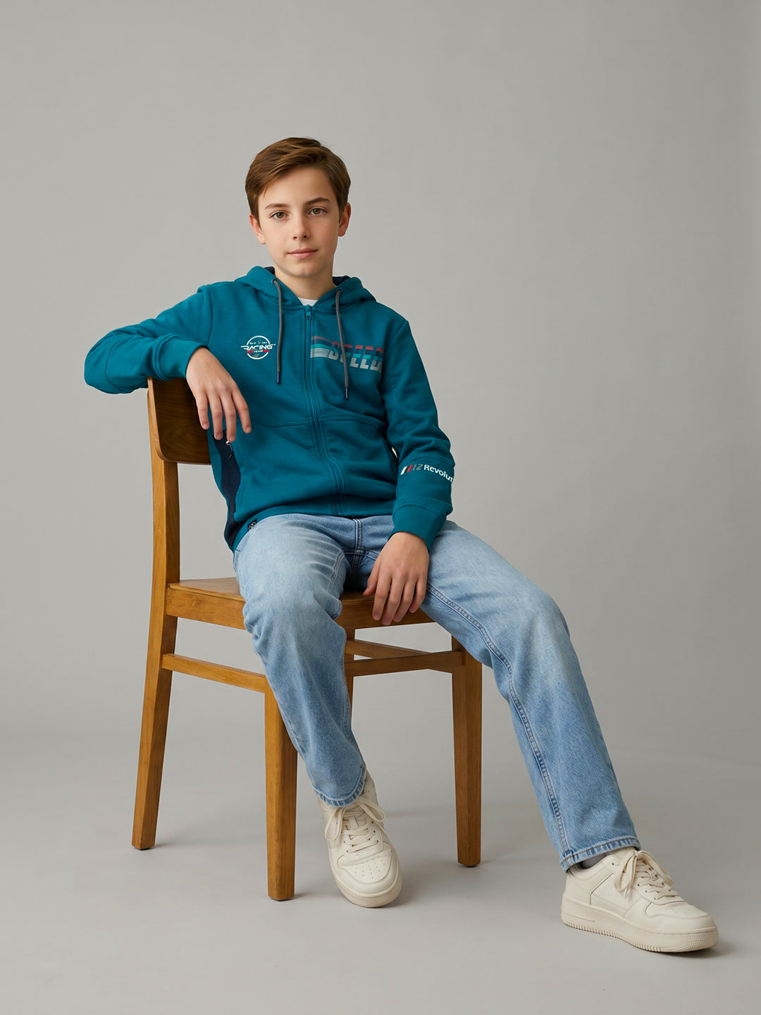 Boys Royal Blue Printed Hooded Full Sleeve Sweatshirt