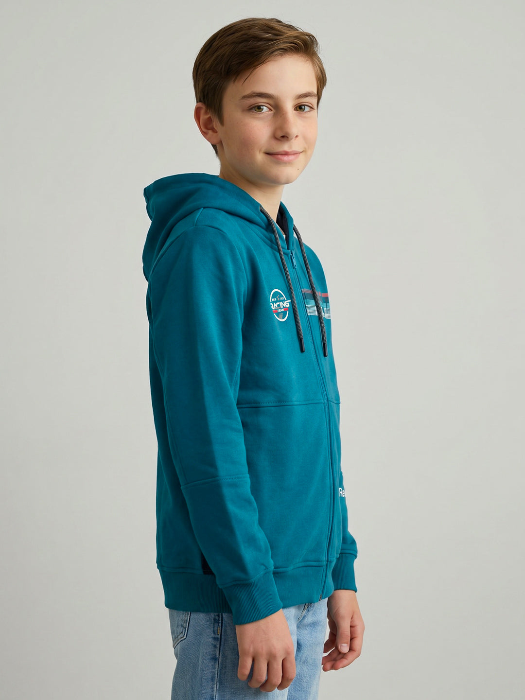 Boys Royal Blue Printed Hooded Full Sleeve Sweatshirt