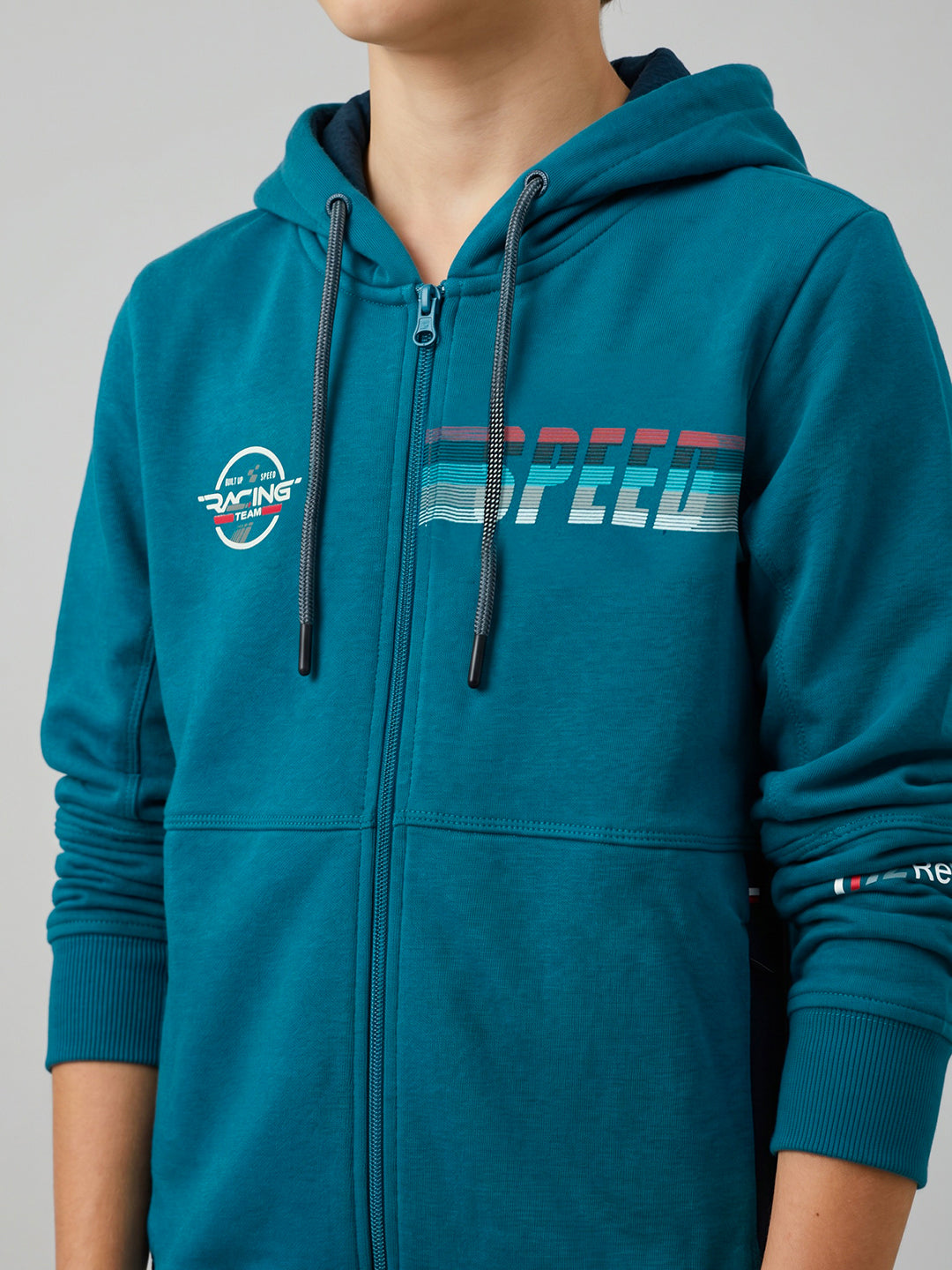 Boys Royal Blue Printed Hooded Full Sleeve Sweatshirt