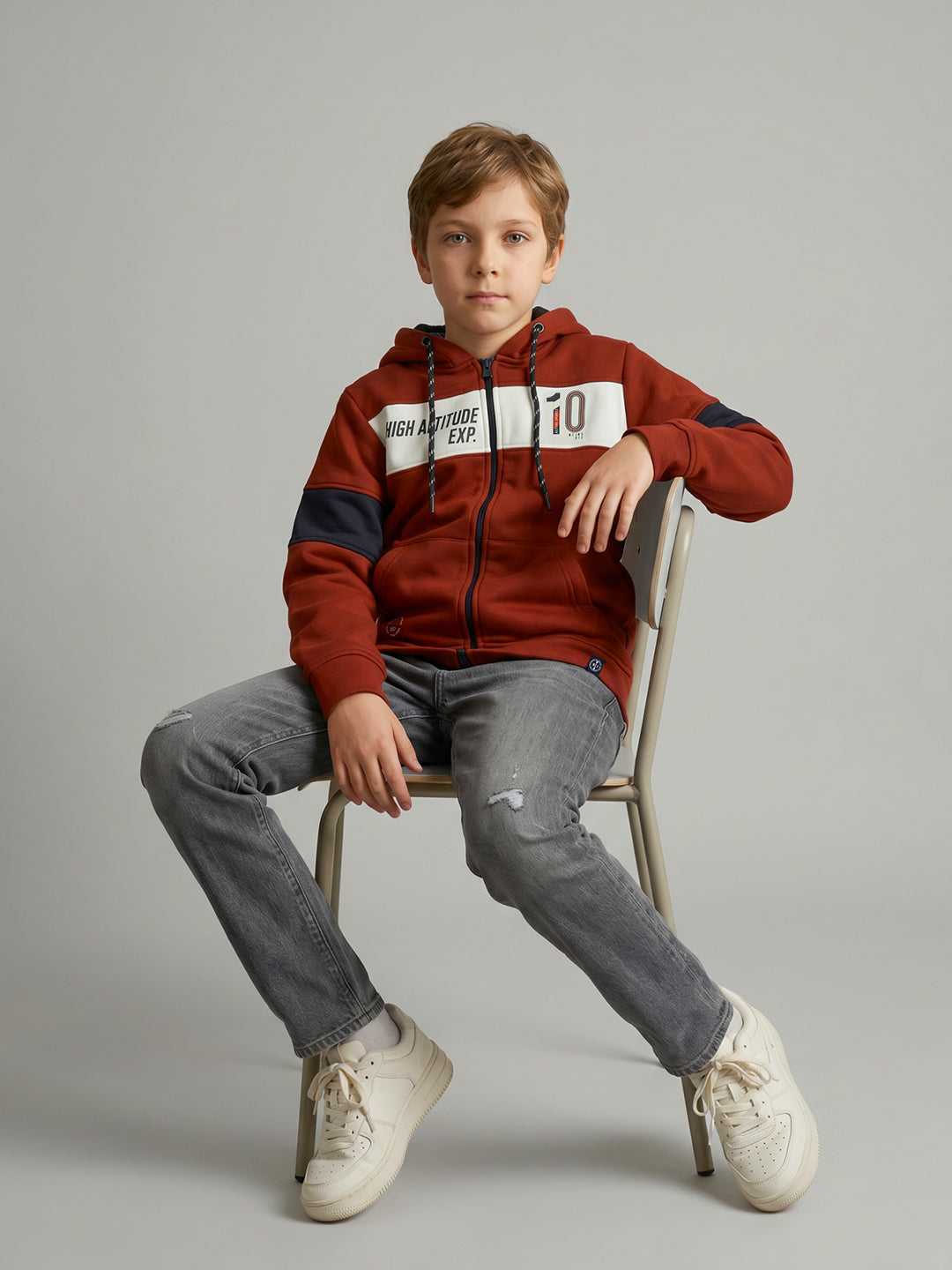 Boys Rust Printed Hooded Full Sleeve Sweatshirt