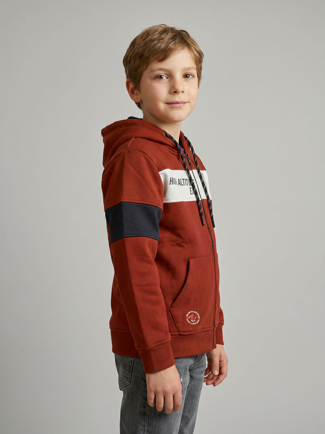 Boys Rust Printed Hooded Full Sleeve Sweatshirt