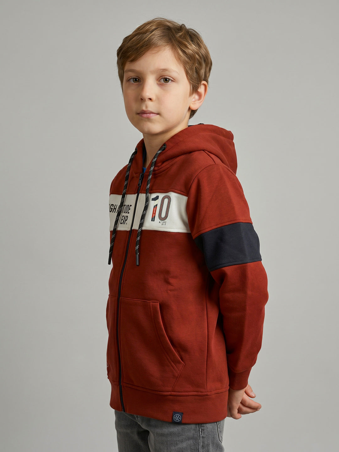 Boys Rust Printed Hooded Full Sleeve Sweatshirt