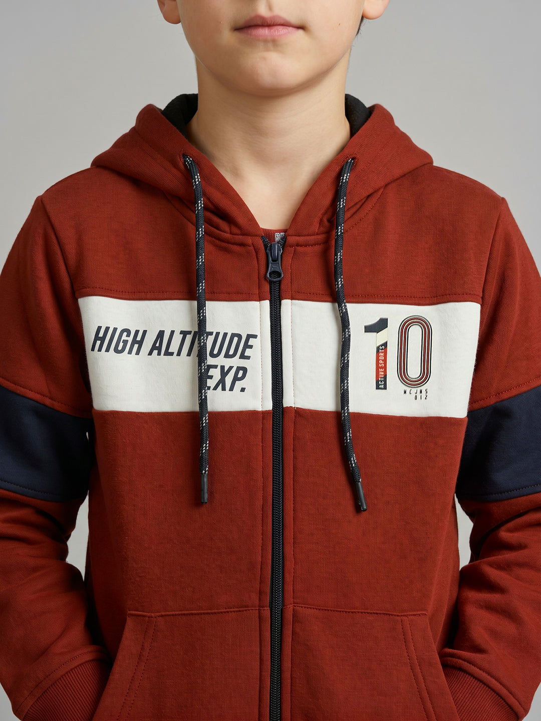Boys Rust Printed Hooded Full Sleeve Sweatshirt