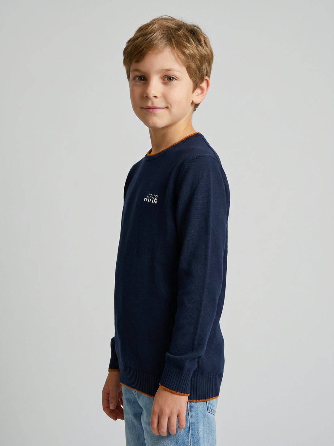 Boys Navy Blue Solid Round Neck Full Sleeve Pullover