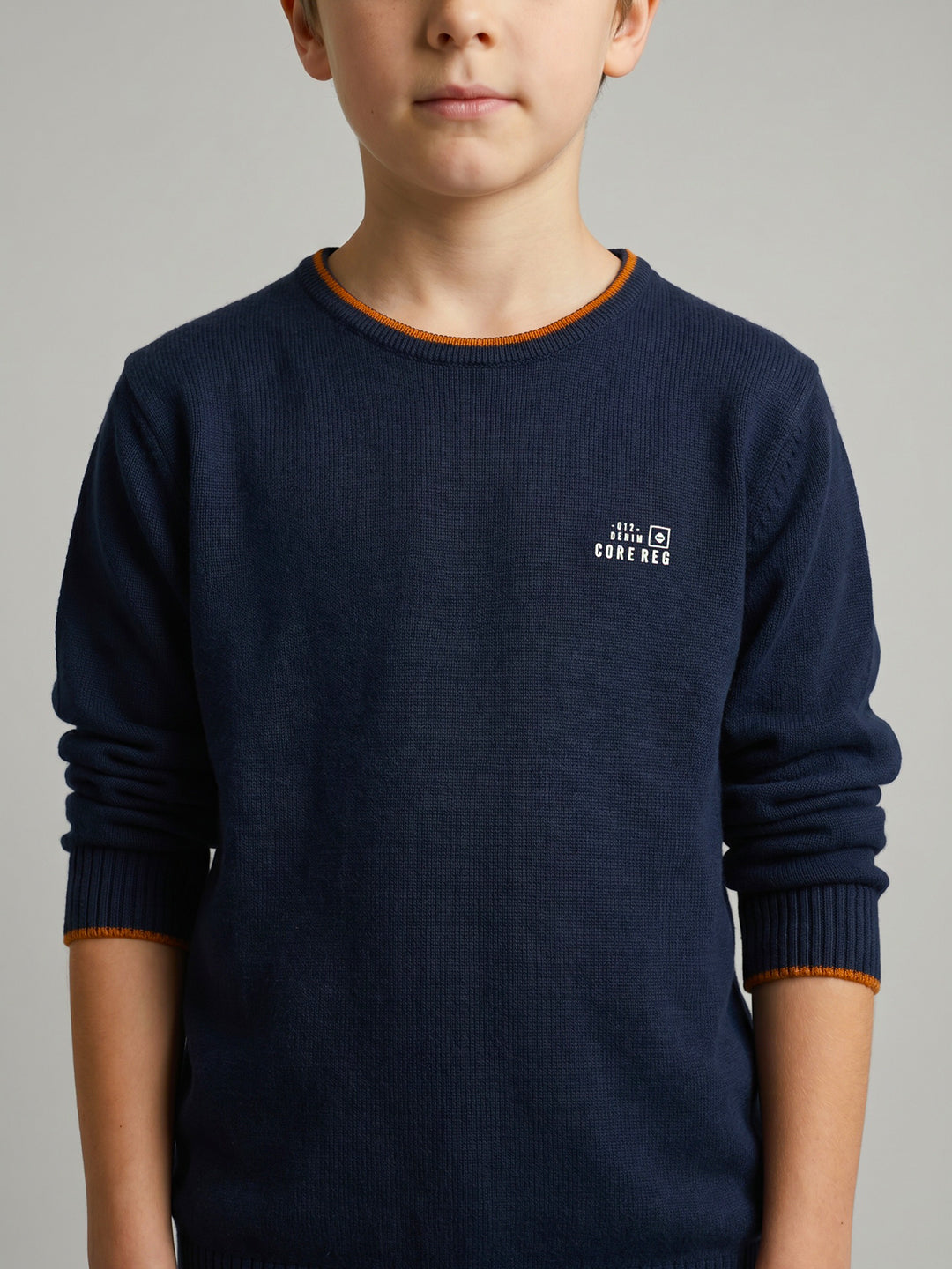 Boys Navy Blue Solid Round Neck Full Sleeve Pullover