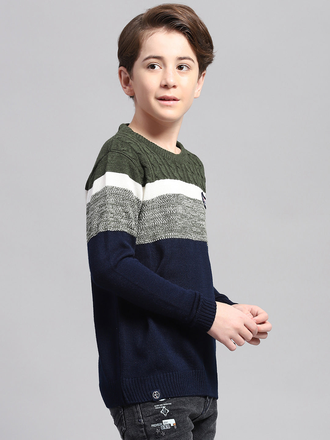 Boys Olive & Navy Blue Stripe Round Neck Full Sleeve Pullover