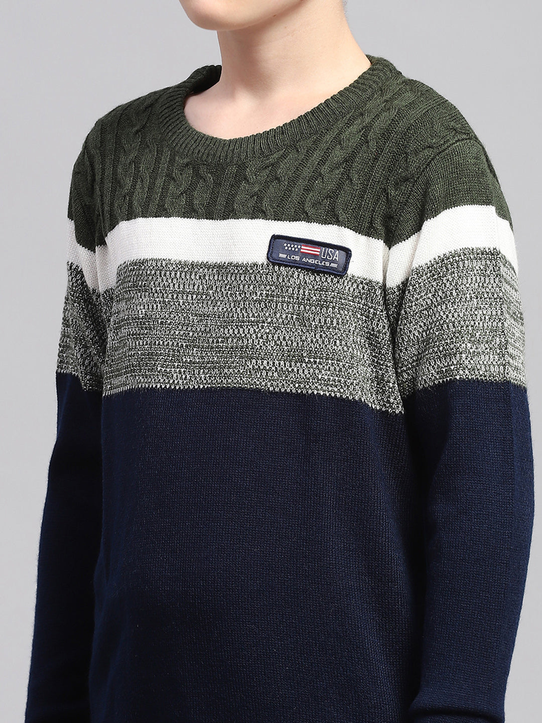 Boys Olive & Navy Blue Stripe Round Neck Full Sleeve Pullover