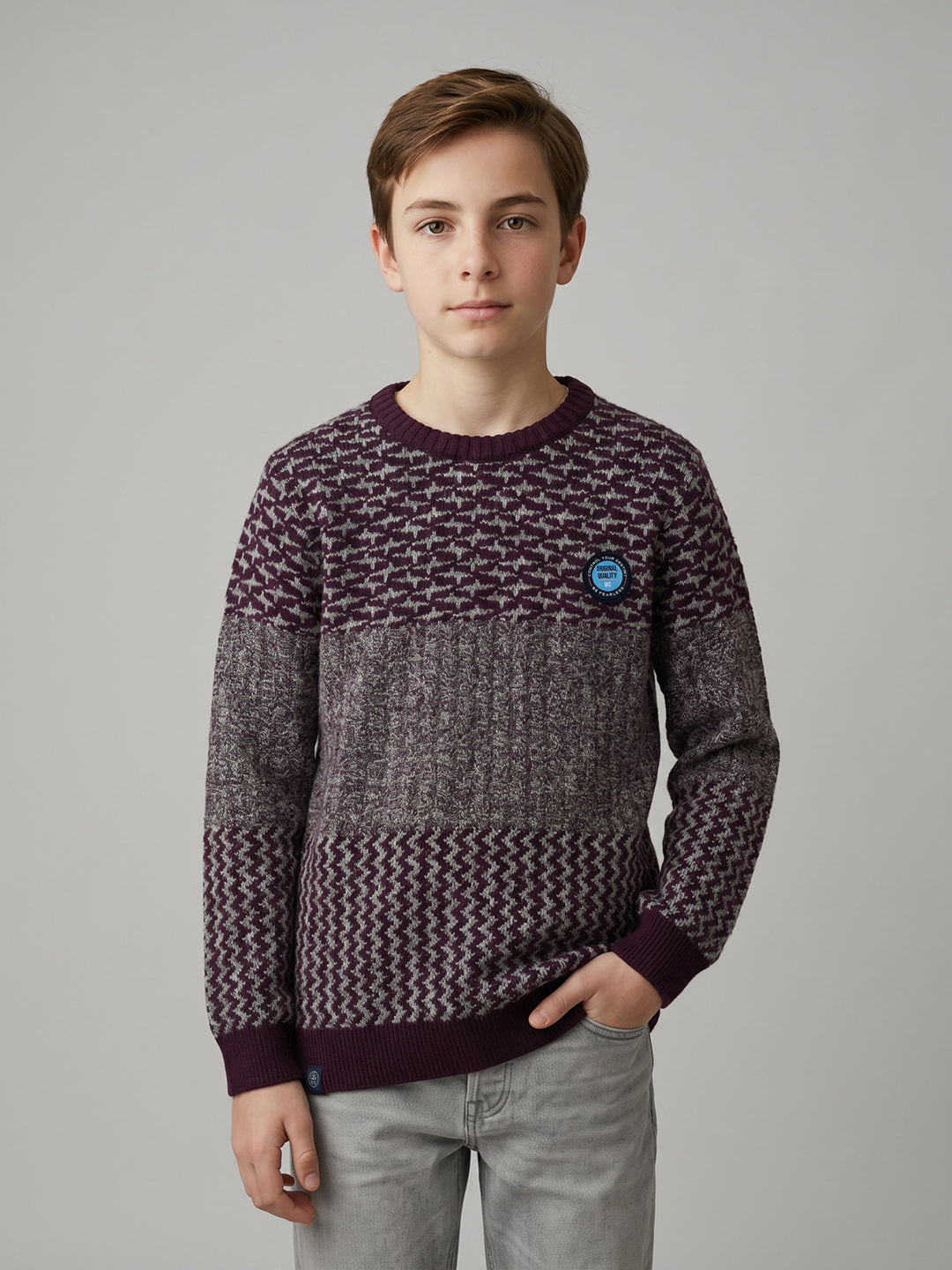 Boys Maroon Jacquard Round Neck Full Sleeve Pullover