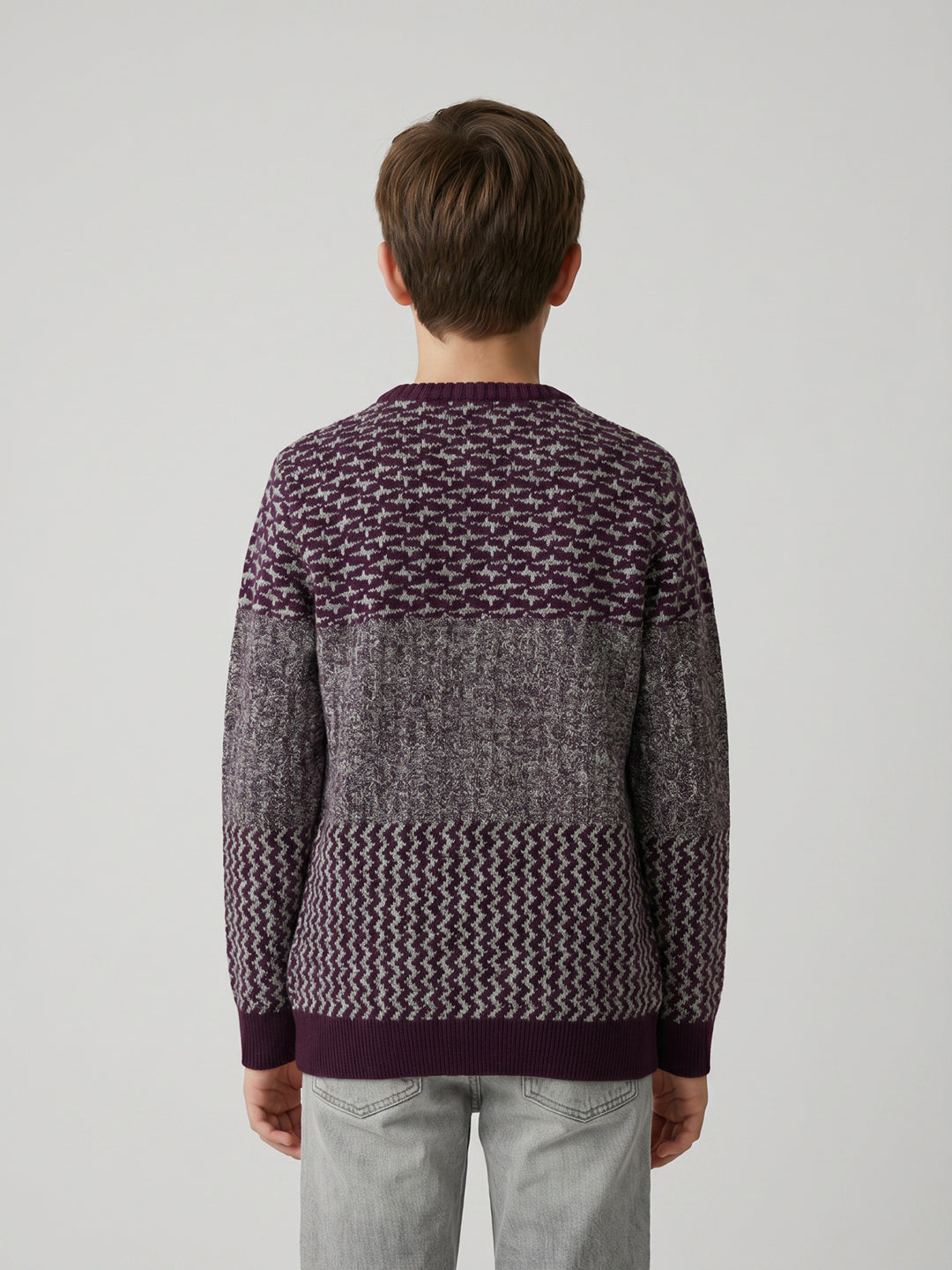 Boys Maroon Jacquard Round Neck Full Sleeve Pullover