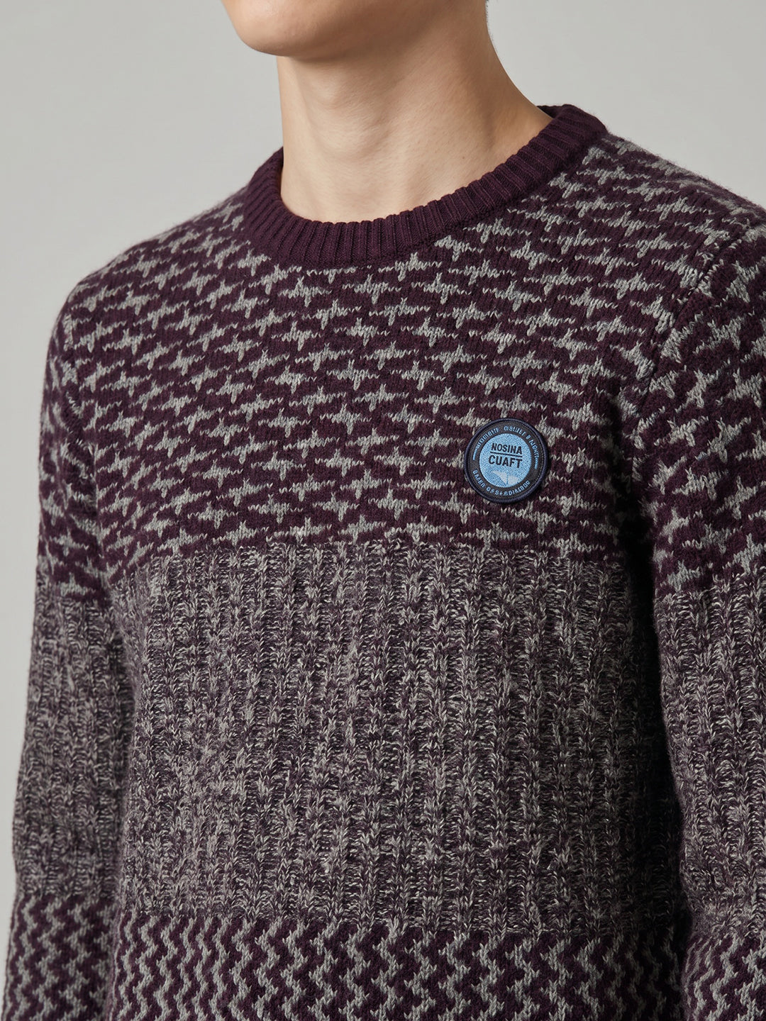 Boys Maroon Jacquard Round Neck Full Sleeve Pullover
