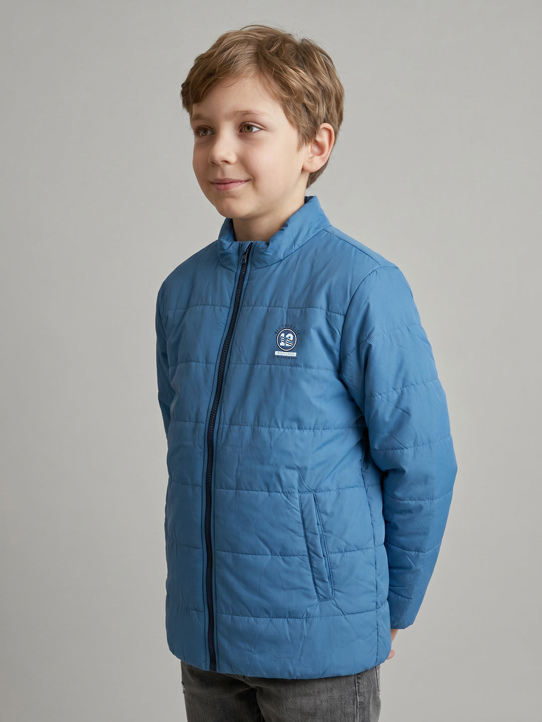 Boys Blue Solid Turtle Neck Full Sleeve Puffer Jacket