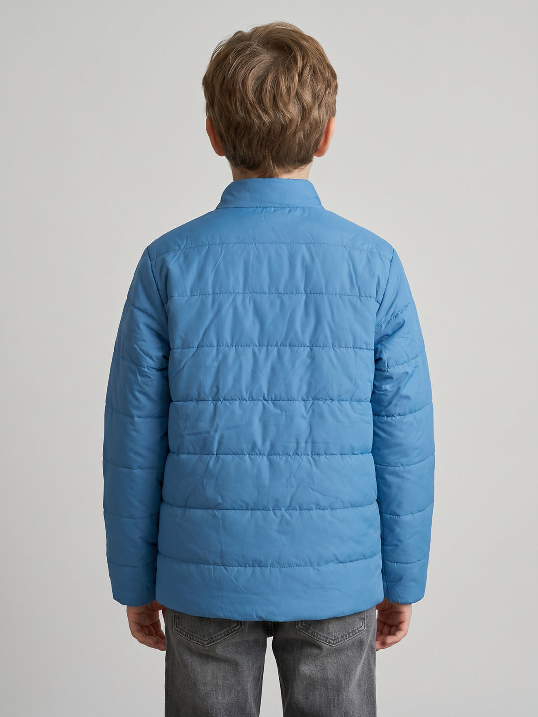 Boys Blue Solid Turtle Neck Full Sleeve Puffer Jacket